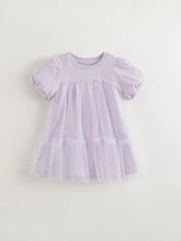 Young Girl Sweet Bubble Sleeve Mesh Patchwork Round Neck Short Sleeve Dress For Summer